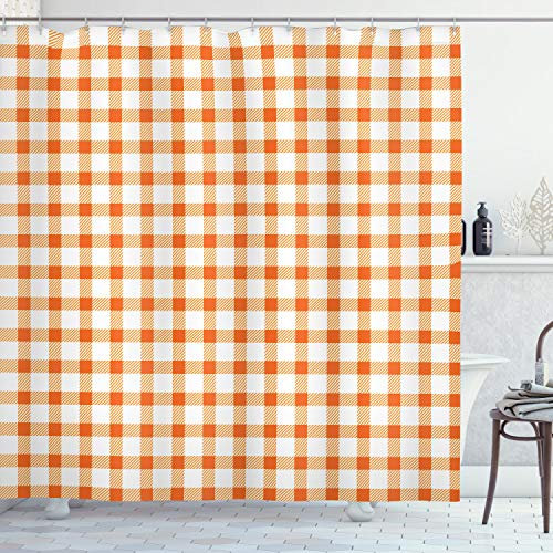 ABAKUHAUS Orange und Weiß Duschvorhang, Plaid-Motiv, Stoffliches Gewebe Badezimmerdekorationsset mit Haken, 175 x 220 cm, Orange und Weiß