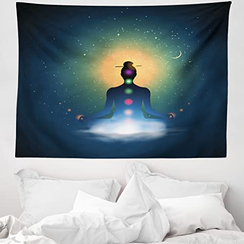ABAKUHAUS Yoga Wandteppich, Meditieren Frau Chakra aus Weiches Mikrofaser Stoff Waschbar ohne Verblassen Digitaldruck, 150 x 110 cm, Dunkelblau Orange