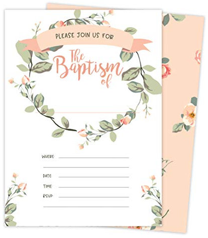 Einladungskarten zur Taufe, Rosa, Blumenkranz, mit weißen Umschlägen und Siegelaufklebern, 25 Stück