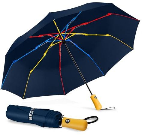 BESTKEE Regenschirm sturmfest, Taschenschirm mit Auf-Zu-Automatik, 210T Wasserdichter Schnelles Trocknen mit Regenbogenrippen Kompakter Winddicht Reiseschirm Leicht für Damen Herren（Dunkelblau）