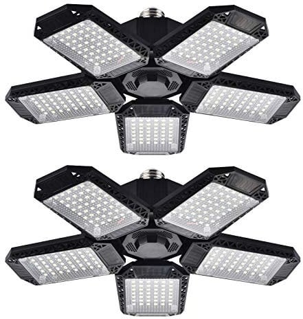 Lot de 2 lampes de garage LED Mefflypee, plafonnier LED déformable 120 W avec 5 panneaux réglables, ampoule E26 12 000 lm pour sous-sol, grange, grande hauteur, magasin (lot de 2)
