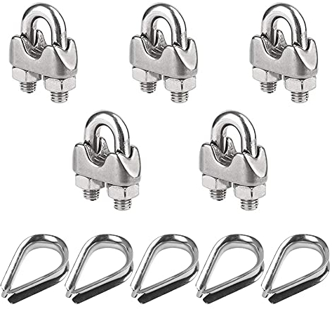 Zhongtou 5 Pièce M8 Serre Cable Inox DIN741 U-pinces de Cable Acier et 5 Pièce M8 Cosses de Cable Metallique Pour Cable Acier 8mm et Supports de Etendoir Linge Exterieur