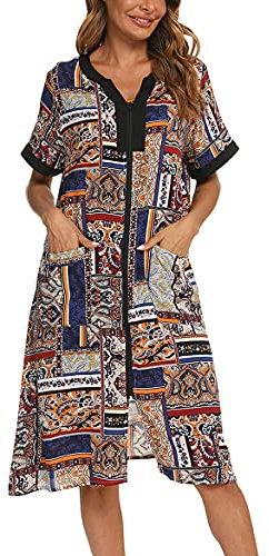 YOZLY Hauskleider für Damen, Reißverschluss vorne, leichter Hausmantel mit Taschen, Kariert, Medium