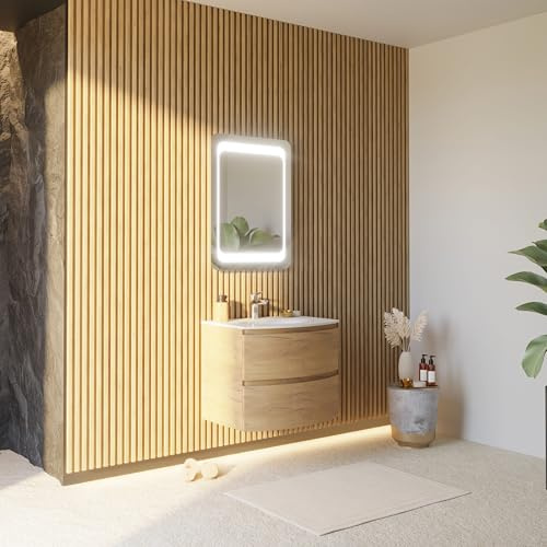 Kiamami Valentina - Meuble de Salle de Bains Suspendu courbé de 70 cm avec lavabo en résine et Miroir | Los Angeles