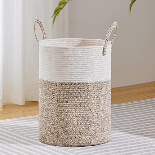 VIPOSCO Grand panier à linge, grand panier de rangement en corde tissée pour couverture, jouets, vêtements sales dans le salon, la salle de bain, la chambre à coucher – 58 L, blanc et marron