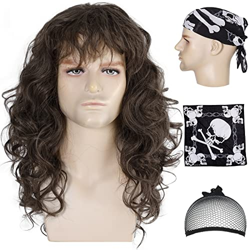 80er Jahre Herren-Perücke, Vokuhila, gelocktes Haar, glamourös, Metall, Punk-Rocker-Perücke, perfekt für Halloween, Cosplay, DIY-Kostümparty (braun)