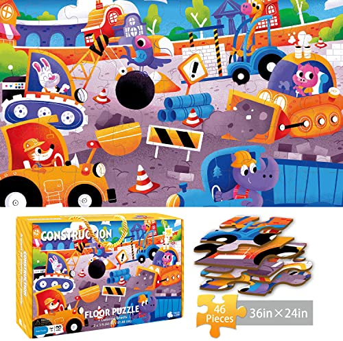 TAOZI&LIZHI Kinderpuzzle, XXL Riesenpuzzle Baustelle mit 46 Teilen für Kinder ab 3 Jahren, Weihnachtliche Kleinkindpuzzles mit Tragbarer Geschenkbox, Lern- und Bildungsspielzeug für Vorschulkinder