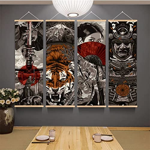 Rollbild, 4 Stück Japanisches Bushido-Wandkunst-Dekor, Ukiyoe-Samurai-Tattoo-Poster und Drucke, Rollbild aus Holz, Kunstwerk, Wandbehang, Banner for Wohnzimmer, Schlafzimmer (15.7''X47.3'') (Size : 3