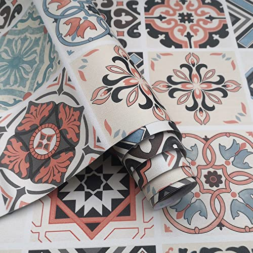 JSEVEM 40 cm x 3 m, Bohemian Patterned Wallpaper, Self-Adhesive Wallpaper, Black, Blue, Orange, Grey, Adhesive Film, Modern Wall Paper for Kitchen, Bathroom, Vinyl Wall Sticker, Living Room, Furniture