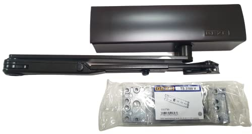 GEZE TS 2000 V BC Braun Gestängetürschließer für einflügelige Türen bis 1250 mm Flügelbreite mit ein und ausschaltbar Feststellgestänge 102446 und Montageplatte/Set 3 in 1