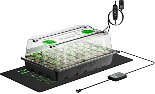 VIVOSUN Anzuchtset mit 40-Zellen-Starter-Tablett, LED-Pflanzenlicht und 25,4×52,7 cm Heizmatte, Mini-Gewächshaus mit 9,1 cm hoher Haube, Verstellbarer Belüftung und Abflusslöchern für Sämlinge