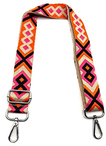 Schultergurt für Taschen Verstellbarer, Taschengurte zum Wechseln Rosa-Schwarz-Orange 3.8cm Schulterriemen Breit mit Silber Karabiner, Umhängegurt für Taschen für Damen Taschen Handtaschen DIY, 5