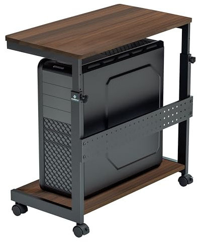 EUREKA ERGONOMIC PC Stand Computer Cart, Height Adjustable Tower Stand 2-Tier Suit for ATX Case Printer, Metal Rolling Cart on Wheels for Gaming Home Office, Walnut