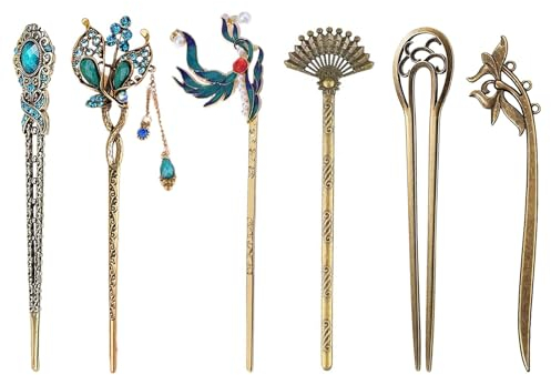 6 Pièces Pinces à Cheveux, Baguettes de Cheveux Bronze en Rétro, Pique à Cheveux en Vintage pour Femmes Filles, Chignon Chinois Baguettes pour Cheveux Décoratifs Coiffure