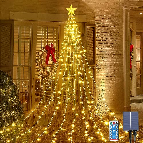Acxilexy Solar Christbaumbeleuchtung mit Sterne, 2M*9 198 LEDs Tannenbaum Lichterketten, Fernbedienung, Wasserdicht Weihnachtsbaum Lichterketten mit 8 Modi für Weihnachtsbaum, Innen, Außen Dekor