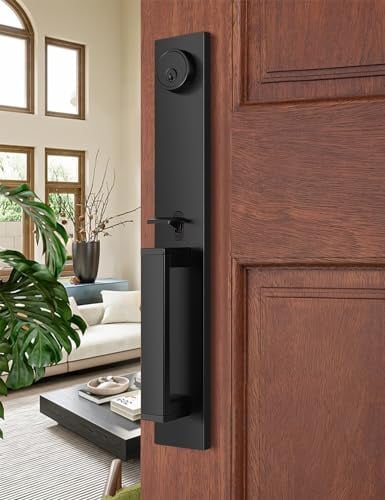 Tinewa Vordertürschloss-Set, komplettes Rosetten-Set für Haustür, robuste Eingangstürschloss-Sets mit 3 Schlüsseln, Türschlösser mit Riegelhebelgriff, schwarzes Finish