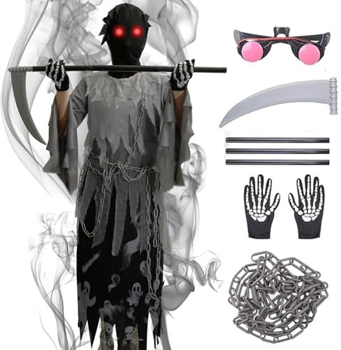 Sensenmann Kostüm Kinder, 7PCS Halloween Sensenmann Kinder mit Handschuhe Gürtel Rote Brille Sense Kette, Karneval Cosplay für Herren Jungen Mädchen(Jungen, XL)