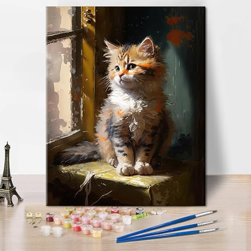 TISHIRON Peinture par numéros adultes chatons peinture acrylique par numéros Kits avec pinceaux Chat Adulte Peinture par numéros Kits Toile Cadeaux Artisanat 40x50cm(Framed)
