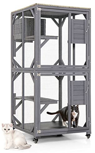 COSTWAY Wooden Cat House, Large Cats Enclosure with 4 Floors, Weatherproof Roof, Wheels and Resting Box, Kitten Catio Cage for Indoor Outdoor