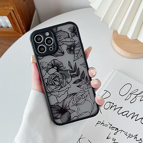 XIZYO Case for iPhone 15 Pro Max 6.7 Inch, Frosted Translucent Rose Floral Flower Pattern Shockproof Cover, Soft TPU Bumper Protective Phone Case, Black