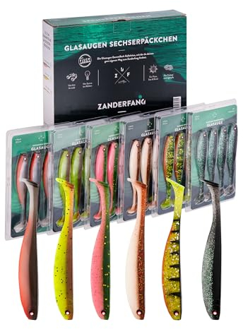 Zanderfang Gummifisch Set 12 cm – 24 Glasaugen in 6 Farben – UV Softbaits aromatisiert – Zanderköder & Hechtköder – Gummiköder Raubfisch – Angelköder zum Jiggen & Faulenzen
