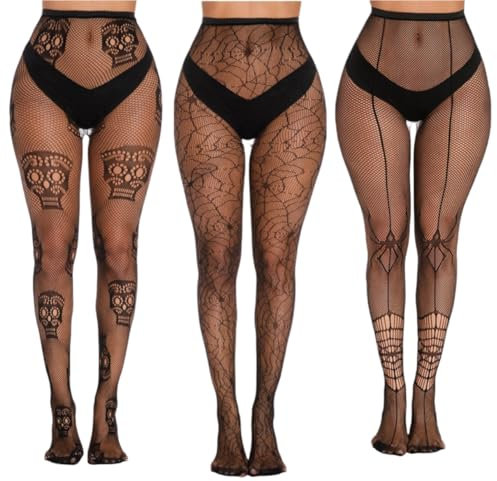 Ulalaza Medias de Rejilla Negras, Calcetines de Nailon, Bragas Estampadas, Talla Grande para Mujer, Paquete de 3, Decoración de Halloween, Calavera de Araña