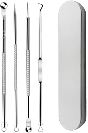 4 Stück Mitesserentferner Werkzeug, Komedonenquetscher Set Edelstahl Pickelentferner Pickel Nadel mit Metall-Box für Nasen-Gesichtspflege, für Alle Hauttypen