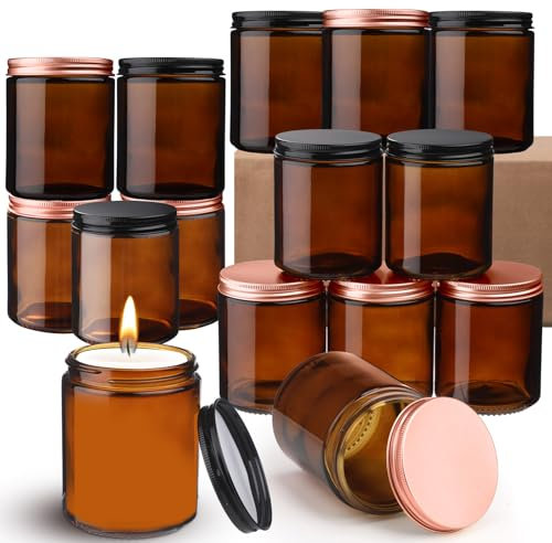 Domensi 12 Pcs 8oz Amber Glass Jars with Lids Empty Glass Candle Jars with Lids Bulk for Making Candles Food Storage Canning Liquids Leakproof and Dishwasher Safe (Amber with Rose Gold and Black Lid)