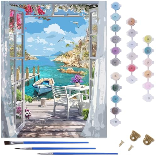 Fizdoqg Peinture par Numéro Adulte, Peinture par Numero, Peinture Numero Adulte, Peinture Numero Animaux Pour Cadeaux et Décoration Murale de la Maison, 40 x 50 cm (Bateau Fenêtre extérieure)