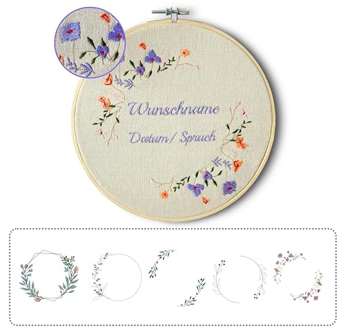 Stickrahmen mit Namen und Datum bestickt - Personalisierte Wanddekoration als Geschenk zur Geburt oder Taufe (Beige)