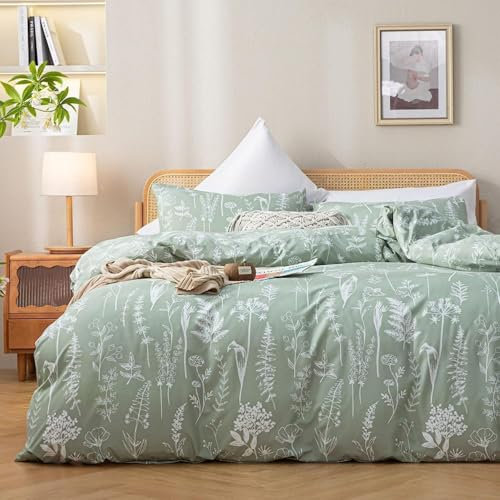 Tospass Bettwäsche 135x200 cm Blumen Blätter Pflanzen Muster Hellgrün Bettwäsche Set Floral Bettbezug Mikrofaser Wende Bettwäsche 1 Deckenbezug mit Reißverschluss 1 Kissenbezug 80x80 cm
