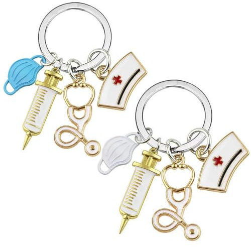 ZOKJSW Porte clef, Créative Porte Clef Femme pour Infirmière avec Gravure de Seringue, Bonnet et Stéthoscope, Cadeaux pour Médecin, Infirmière, Amis