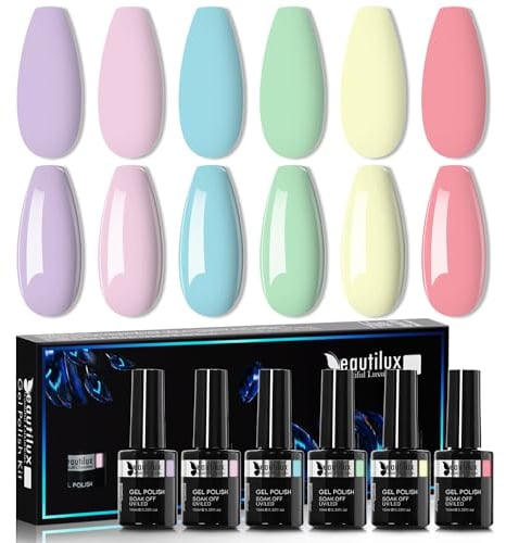 Beautilux UV Nagellack Pastell TPO-Frei, 6 Stück 10ml HEMA-FREE Pastell Gel-Nagellack, Rosa Lila Blau Grün Gelb Farben Gelnägel für Nail Art Frühling Sommer