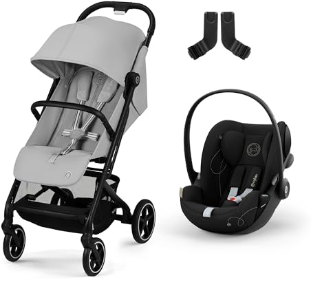 CYBEX Gold Kinderwagen Beezy, Ab Geburt bis ca. 4 Jahre, Fog Grey, Inkl. Beezy Adapter und CYBEX Gold Babyschale Cloud G i-Size Inkl. Neugeboreneneinlage, ab Geburt bis ca. 24 Monate, Moon Black