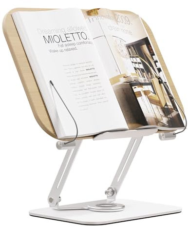 Desktop Book Stand with 360° Rotating Base,Plywood Panel & Page Clips Foldable,Angolo regolabile Maiju