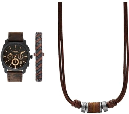 Fossil Machine Uhr für Herren, Chronographenwerk mit Edelstahl- oder Lederarmband, Dunkelbraun, 42MM & Herren Halskette aus Edelstahl und Leder 0.6 x 41.1 x 2.2