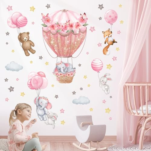 DECOWALL SG2-2408 Tiere Heißluftballon Wandtattoo Wandaufkleber Blumen Ballons Elefant Bär Wandsticker Kinder Baby Kinderzimmer Mädchen Schlafzimmer Spielzimmer Wanddekoration