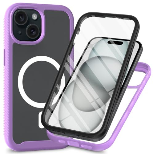 Sawiqpd for iPhone 12 Mini Case iPhone 13 Mini Case with Built-in Screen Protector, Compatible with Magsafe, Heavy Duty Shockproof Clear Phone Case 360 Full Body Protective Cover 5.4, Purple