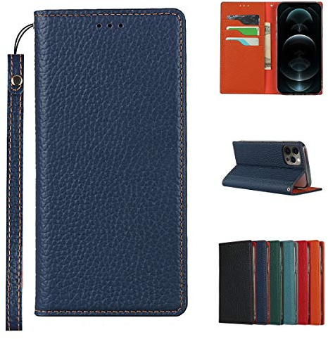 Cavor Phone Case Compatible for iPhone 12 Pro Max Cover,Genuine Leather Flip Wallet Case,[3 Card Holders][Magnetic Closure][RFID-Blocking][Lanyard] Protective Case - Dark Blue