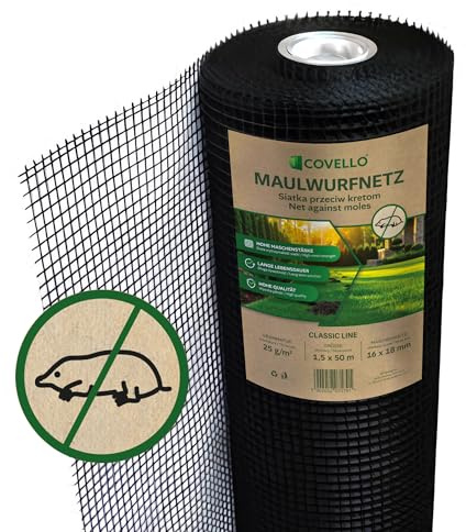 Covello Maulwurfnetz 45g/m² 1,5x400m, Maulwurfgitter, Teichnetz, Hühnerzaun | 25-45g/m², Maulwurfsperre Für Rollrasen, Rasenschutzgitter, Rasen Maulwurfschutz, Kunststoffgitter, Laubschutznetz, 50-400m