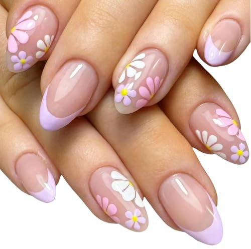 Yeomju 24 pièces courtes Press On Nails Amande Faux Ongles Français Press On Coloré Daisy Fleurs Acrylique Ongles Nus Rose Ovale Florale Ongles Pour Femmes Filles