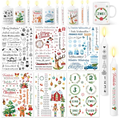 DPKOW Kerzentattoos Weihnachten - 6 Blatt Wasserschiebefolie für Adventskerzen, Stabkerzen Aufkleber, DIY Kerzenfolie Tattoo
