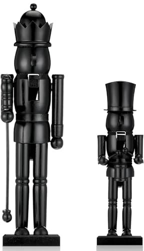 2 Pcs Traditional Black Wooden Nutcracker Ornaments - 15'' & 10'' Nutcracker Figures for Christmas Decor, Table & Fireplace