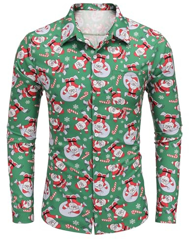 COOFANDY Weihnachtshemd Herren Hemd Langarm Freizeithemd Christmas Shirt | Weihnachtshemden für Männer Gedruckte Weihnachten Hemden Bügelleicht Festival Hemd Herren Slim Fit