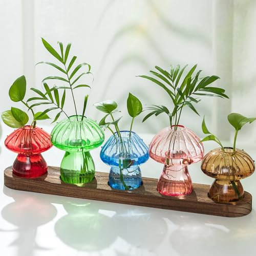 Hewory Pilz Deko Vase Glas: 5er Kleine Vasen für Tischdeko - Süßes Fliegenpilz Deko Terrarium Glas Propagation Station mit Holztablett - Ästhetik Mini Vasen Bunt Geschenke für Frauen Deko Wohnzimmer