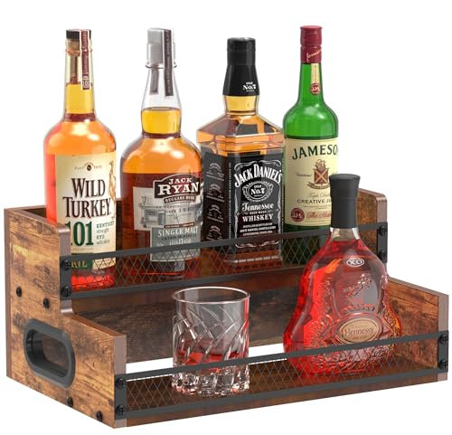 Alyoen Wooden Wine Rack, 2Tier Liquor Bottle Display Stand,8 Bottle Coffee Syrup Rack Organizer,Coffee Station Organizer,Mini Bar Shelf, Home Bar,Drinks Cabinet for Drinks, Syrup,Coffee