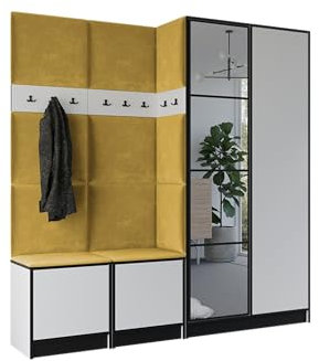 KIER FURNITURE Flurgarderobe Modern - Garderobenschrank mit Sitzbank, Haken und Schuhschrank - Flur Möbel Geräumig und Stilvoll - BxHxT 211,2x205x39cm - Weiß & Gelb