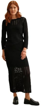 Izabel London High Waist Crochet Knit Midi Skirt for Women UK with Sheer Hem, Side Split and Scalloped Hem.