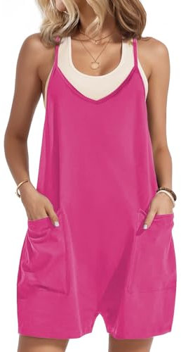 Zeagoo Latzhosen Damen Sommer V-Ausschnitt Sleeveless Overall Elegant Kurz Hosenanzug Locker Weites Bein Playsuit Rosa Rot XL
