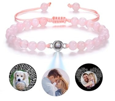 CrystalTears Personalised Bracelet for Women Custom Photo Projection Bracelet With Picture Inside Rose Quartz Healing Crystal Gemstone Beaded Bracelets Gifts for Women Girlfriend Mum Christmas